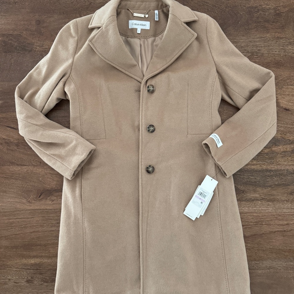 NWT Calvin Klein Women's Classic Cashmere Wool Blend Coat, Camel Classic, 6